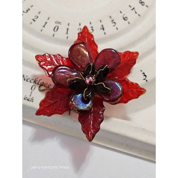 Vintage Red Glass Poinsettia Gold Filigree‎ Center Versatile - Picture 5 of 13